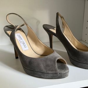 Jimmy Choo Suede Grey Peep Toe Pumps Slingback